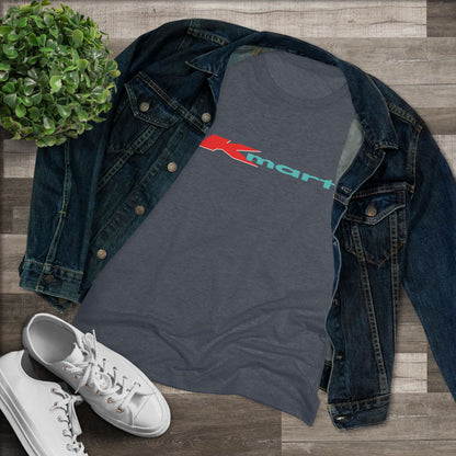 A women's triblend tee by Printify in light gray, featuring a casual and minimalist design that captures the essence of vintage style with a centered 1980s Retro Kmart logo on the front.