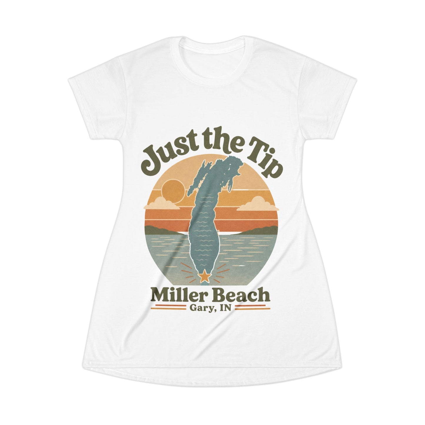 Just the Tip Miller Beach T-Shirt Dress Beach Cover Up — Retro Lake Michigan Sunset