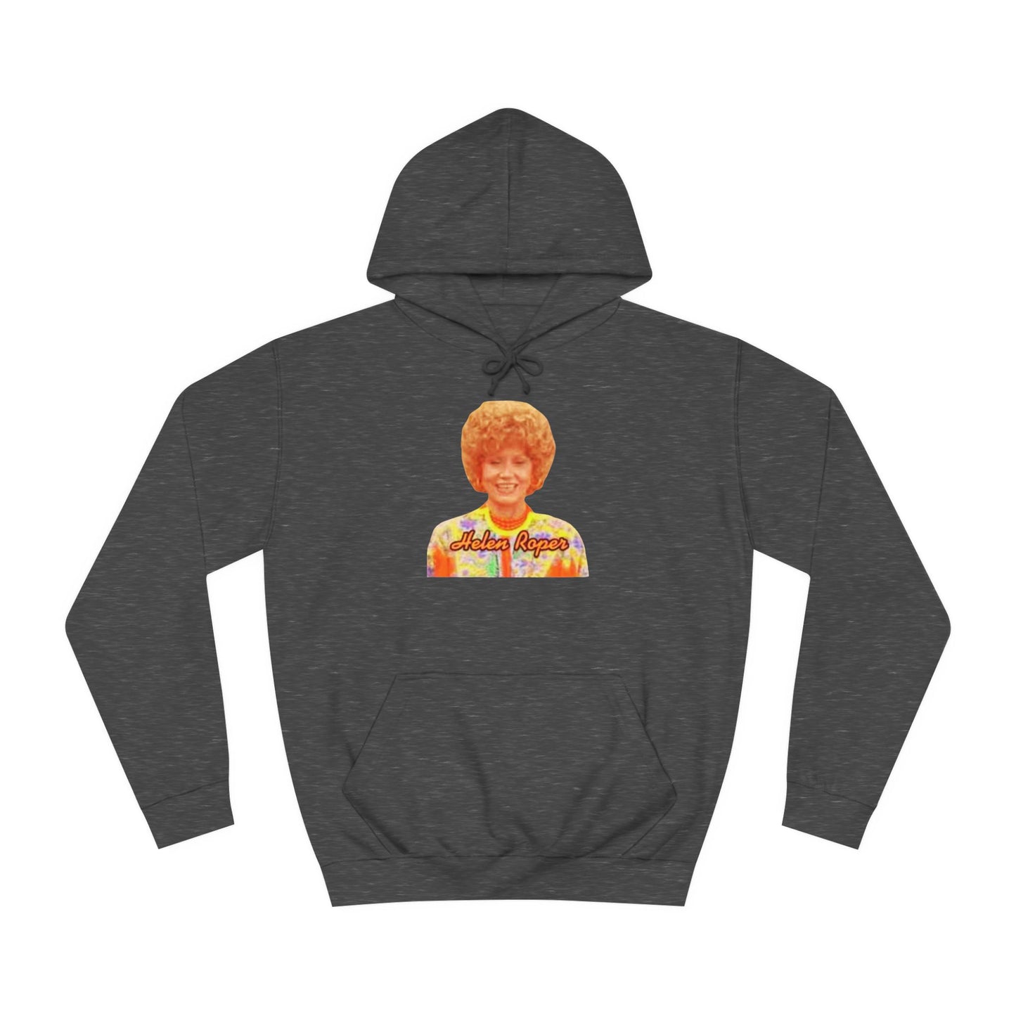 This Helen Roper - Three's Company unisex hoodie by Printify features a lively graphic of a woman with curly hair in a vibrant, patterned outfit. The elegantly scripted text "Mother Rogers" beneath her adds a vintage fashion flair to any wardrobe.