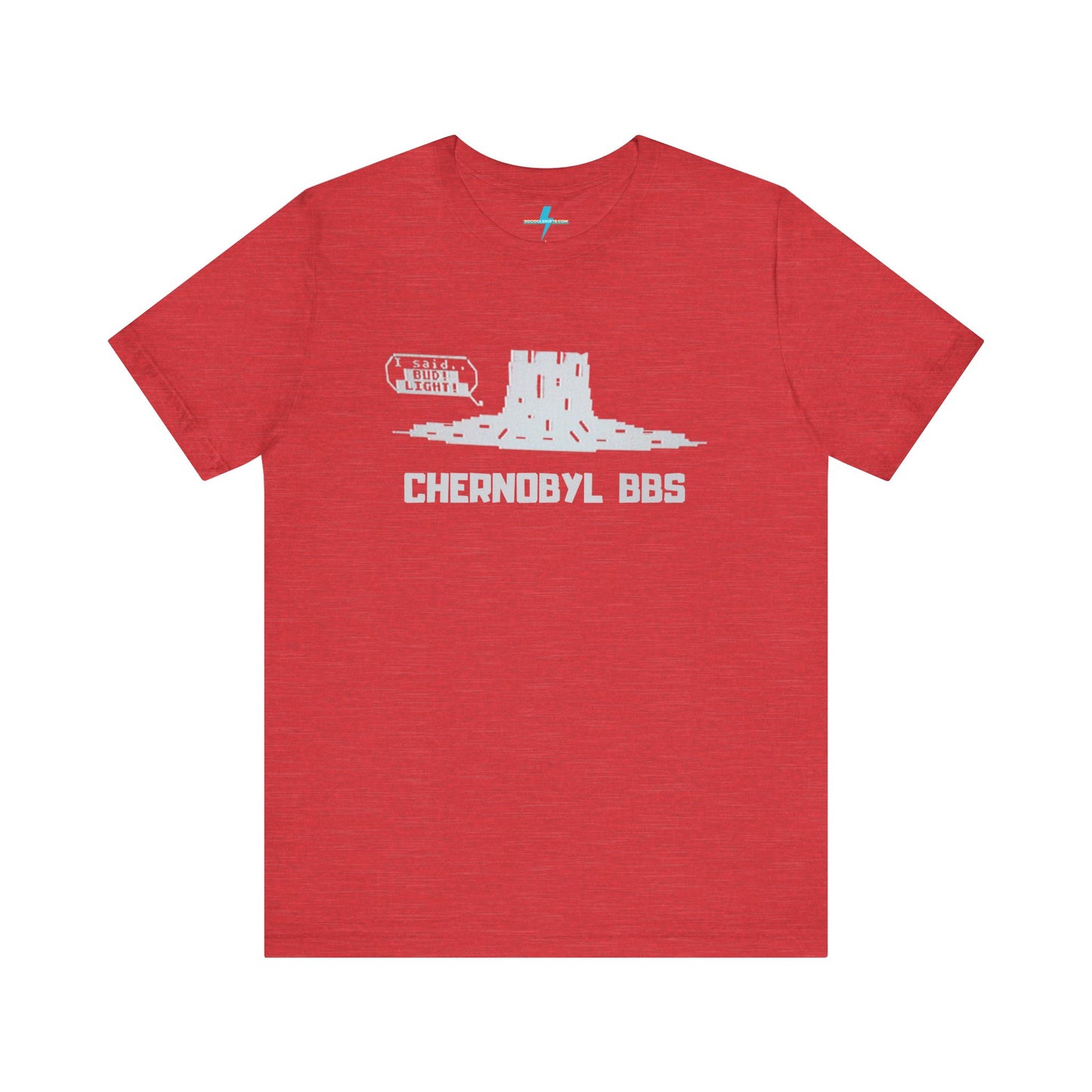 Introducing the Chernobyl BBS 1987 Shorewood, Illinois - Unisex Jersey Short Sleeve Tee by Printify: This dark gray tee showcases a glowing nuclear cooling tower with "BBS" text on the side. Below the graphic, "CHERNOBYL BBS" is boldly printed in capital letters, making it an ideal choice for retro tech aficionados and old-school hackers alike.