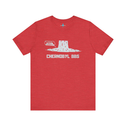 Introducing the Chernobyl BBS 1987 Shorewood, Illinois - Unisex Jersey Short Sleeve Tee by Printify: This dark gray tee showcases a glowing nuclear cooling tower with "BBS" text on the side. Below the graphic, "CHERNOBYL BBS" is boldly printed in capital letters, making it an ideal choice for retro tech aficionados and old-school hackers alike.