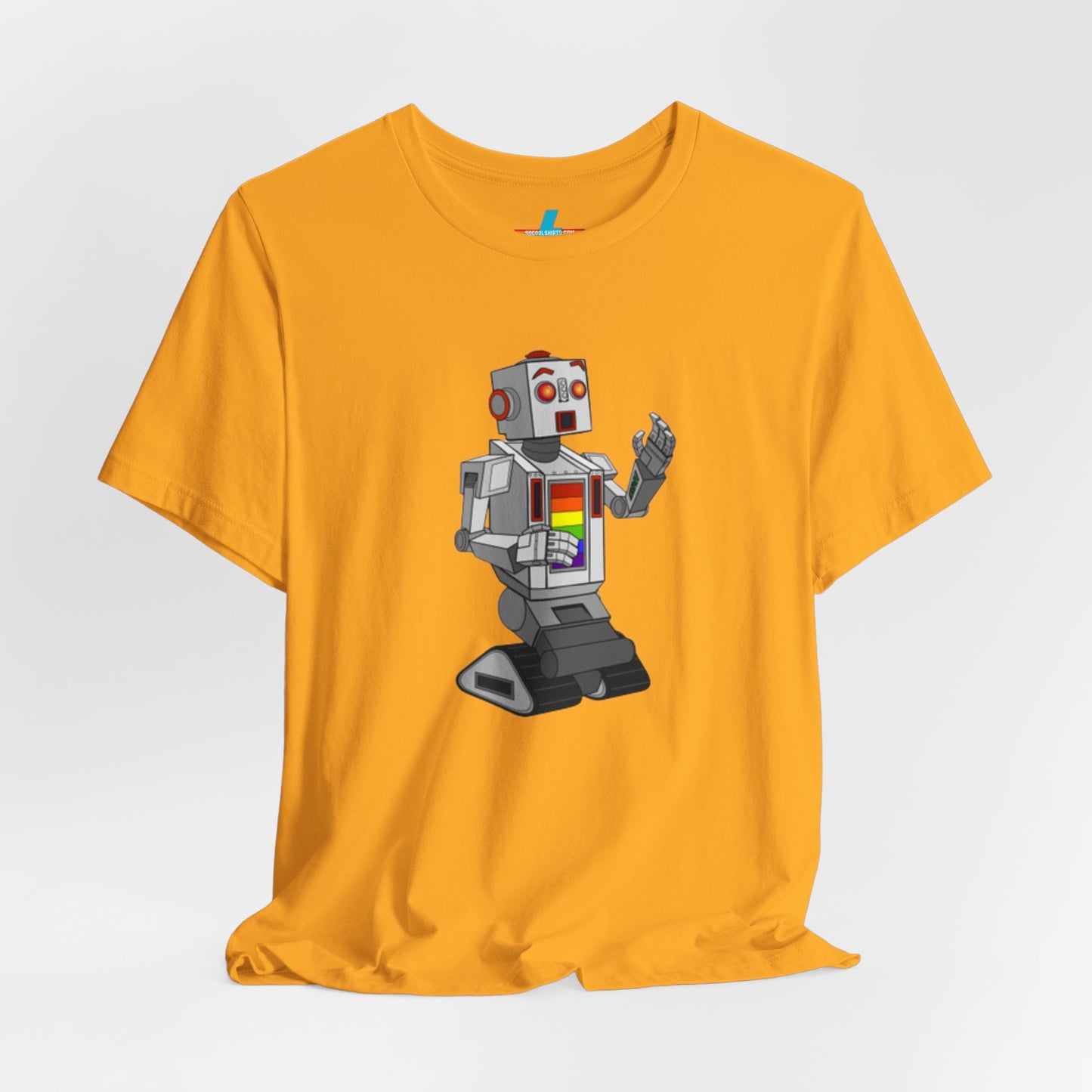 The "Gay Robot - Unisex Jersey Short Sleeve Tee" by Printify is a vibrant orange shirt featuring a retro-style robot graphic. The silver robot, accented with red and inspired by Nick Swardson's Gay Robot t-shirt, sports a colorful chest display. Laid flat against a white background, the design is showcased prominently.