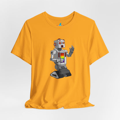 The "Gay Robot - Unisex Jersey Short Sleeve Tee" by Printify is a vibrant orange shirt featuring a retro-style robot graphic. The silver robot, accented with red and inspired by Nick Swardson's Gay Robot t-shirt, sports a colorful chest display. Laid flat against a white background, the design is showcased prominently.