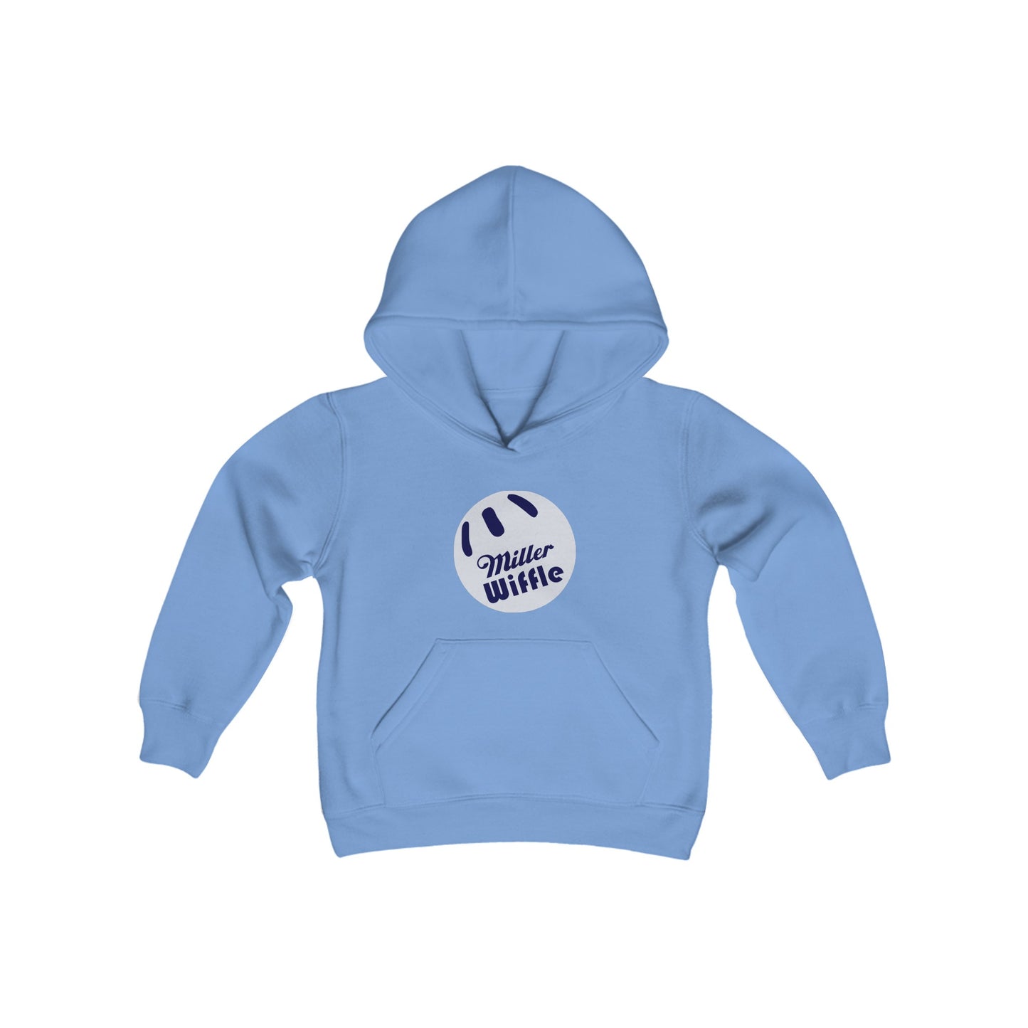 Introducing the Printify "Miller Beach Wiffel Ball OG Logo" Youth Heavy Blend Hooded Sweatshirt in light blue, featuring a front pocket and a chest graphic of a white wiffle ball with black holes. Made from ultra-soft fleece, the preshrunk garment showcases "Miller Wiffle" in blue lettering inside the ball.