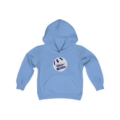 Introducing the Printify "Miller Beach Wiffel Ball OG Logo" Youth Heavy Blend Hooded Sweatshirt in light blue, featuring a front pocket and a chest graphic of a white wiffle ball with black holes. Made from ultra-soft fleece, the preshrunk garment showcases "Miller Wiffle" in blue lettering inside the ball.