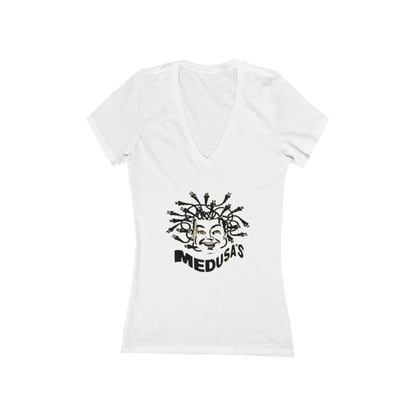 The Medusa's Dance Club 1980s Retro Chicago - Women's Jersey Short Sleeve Deep V-Neck Tee by Printify is a white women's T-shirt featuring a bold graphic design of Medusa's face, her hair entwined with snakes. Below the striking artwork, "MEDUSA'S" is inscribed in stylized letters, reminiscent of the edgy 1980s club scene vibe in Chicago.