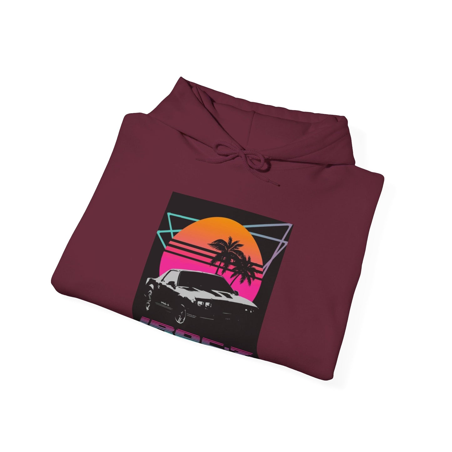 Introducing the Chevrolet IRoc Z28 - 1980s Retro Hoodie by Printify: This vibrant pink hoodie showcases a striking retro design on the front, featuring a classic American muscle car set against an orange and red sunset with palm trees, intersected by geometric shapes. The text "IROCZ" is prominently displayed below the image. Offering a relaxed fit and equipped with a front pocket, this hoodie perfectly captures the essence of 1980s style.