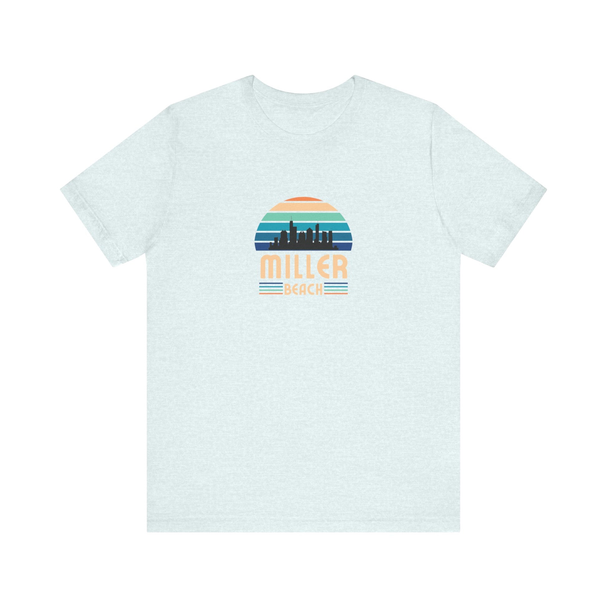 A brown unisex jersey short sleeve tee called "Miller Beach Chicago Skyline" from Printify features a vintage-style design with a sunset, the Chicago skyline, and "Miller Beach" in bold letters. The design incorporates shades of blue, orange, and yellow and is displayed against a plain white background.