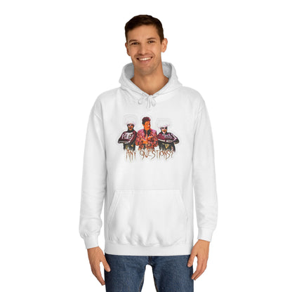 The David S Pumpkins - Any Questions? - Halloween Unisex College Hoodie by Printify is a brown sweatshirt showcasing an illustration of three people. The central figure has red hair, sports a colorful ensemble, and emanates a Halloween vibe, with two flanking figures who have white hair and wear dark attire. Beneath the trio is the phrase "Any Questions?