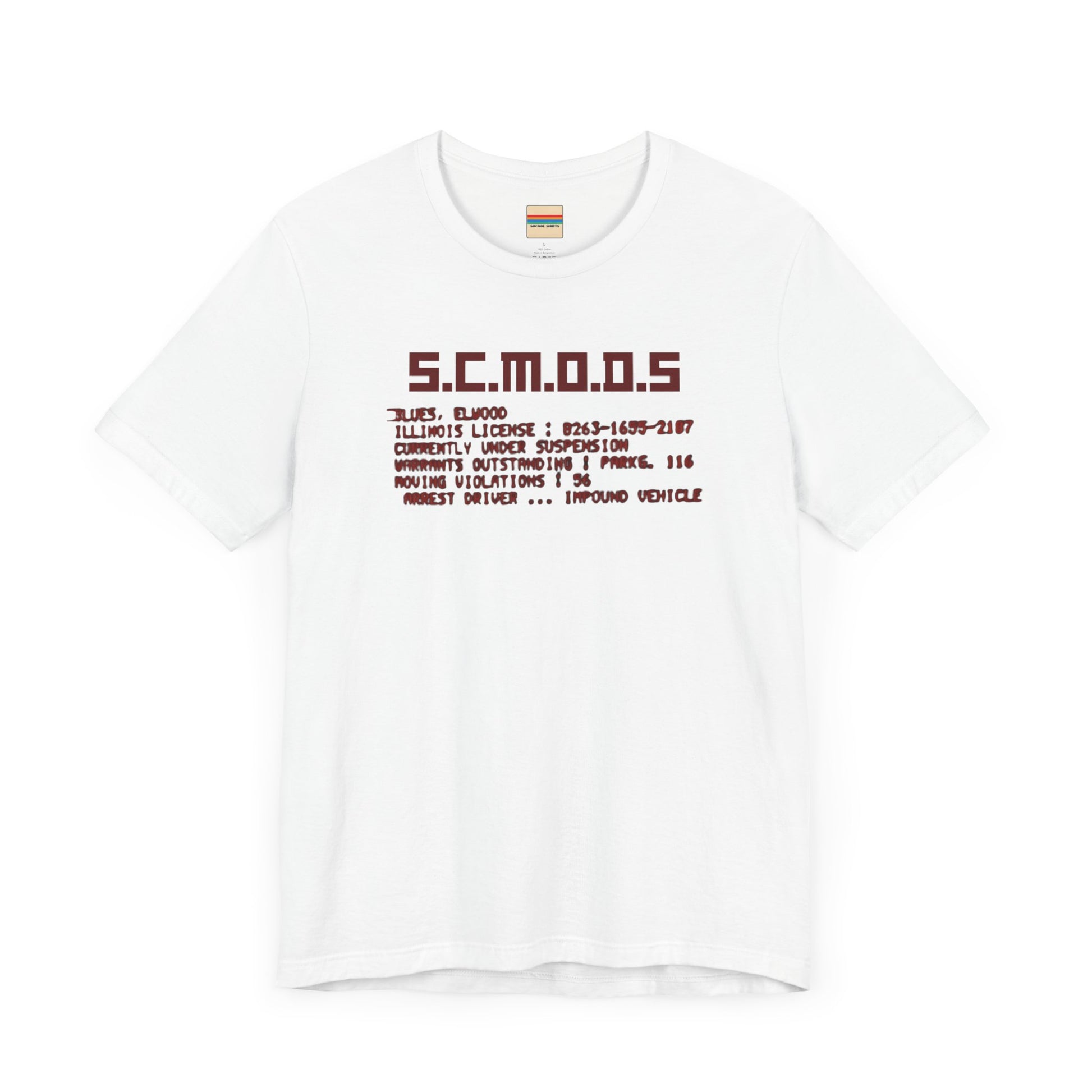 Two yellow "S.C.M.O.D.S. Blues Brother's - Unisex Jersey Short Sleeve Tee" shirts from Printify, featuring "S.C.M.O.D.S" in bold, stylized letters along with smaller text detailing terms like "Illinois," "license," and "impound vehicle." Perfect for fans of The Blues Brothers and Jake and Elwood Blues, the T-shirts are neatly folded and stacked.