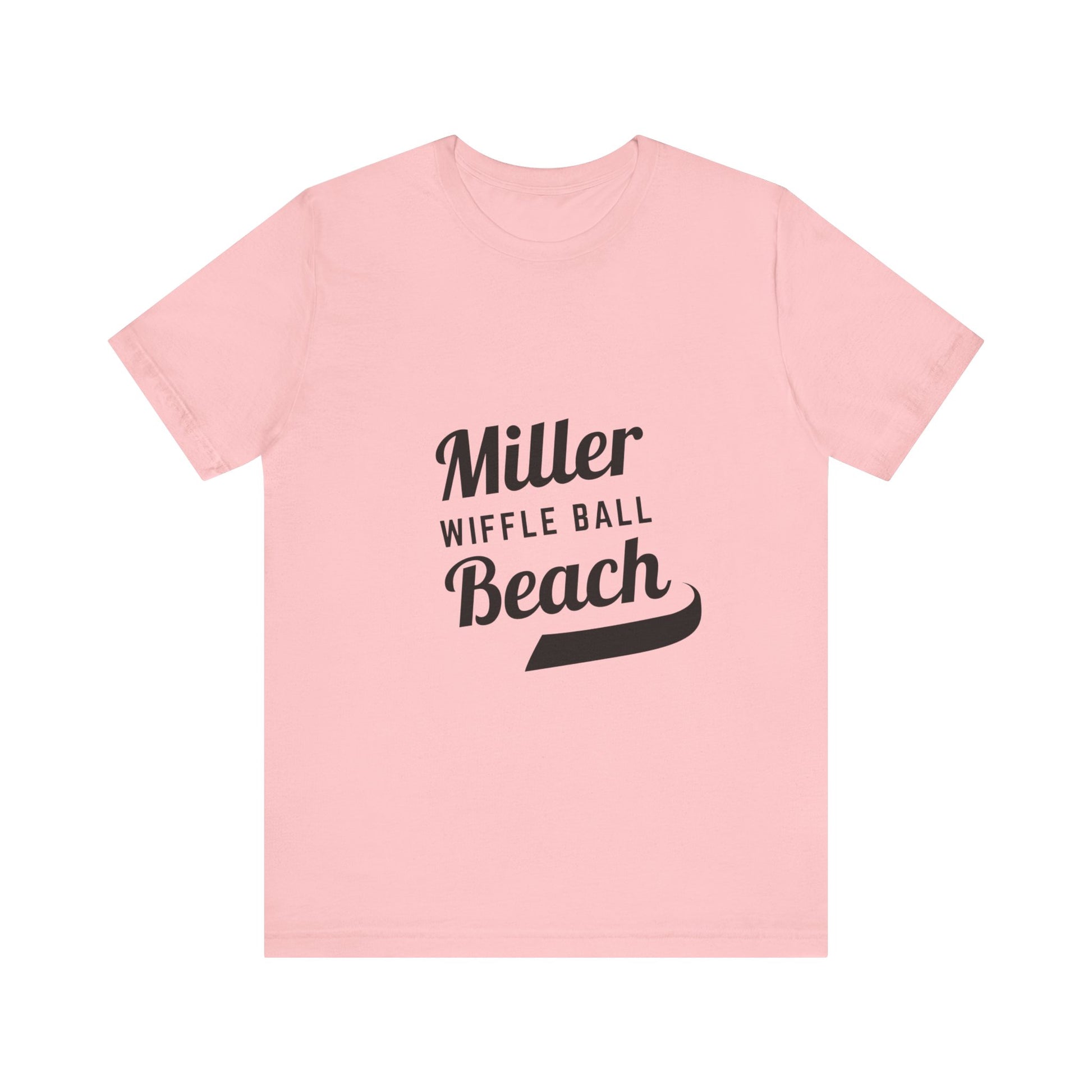 A light blue, soft cotton t-shirt with the text "Miller Beach Wiffel Ball" printed in black on the front. The design features a stylized, curved underline beneath the word "Beach," giving the text a dynamic appearance. This unisex jersey offers a comfortable retail fit for all. Product Name: Miller Beach Wiffel Ball - Unisex Jersey Short Sleeve Tee Retro Logo by Printify.