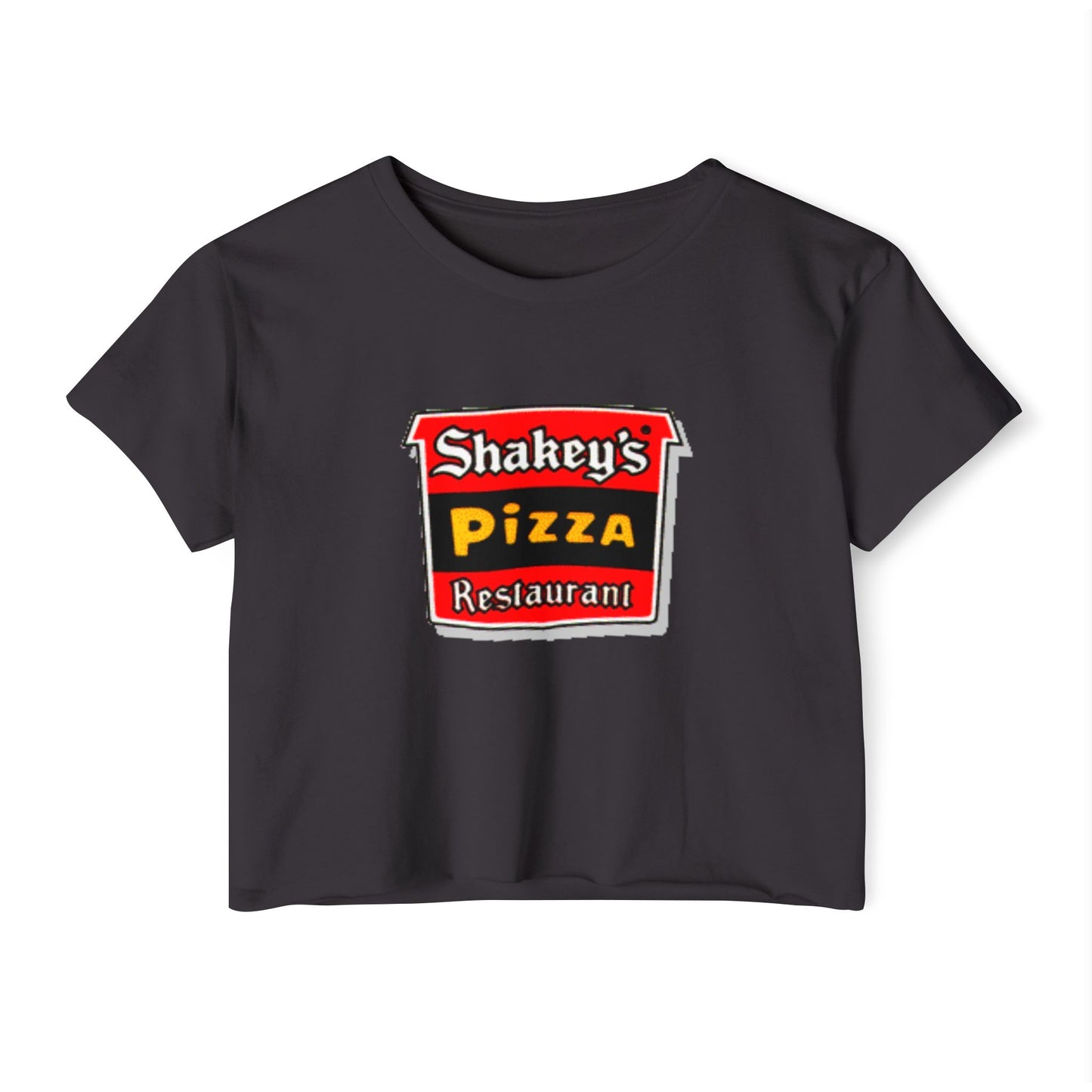 The Shakey's Pizza - Women's Festival Crop Top from Printify is a light blue garment that proudly displays the iconic Shakey's Pizza logo on the chest. Featuring retro-style red and black signage with text in white, yellow, and red that reads "Shakey's Pizza Restaurant," this crop top exudes a vintage-inspired charm.