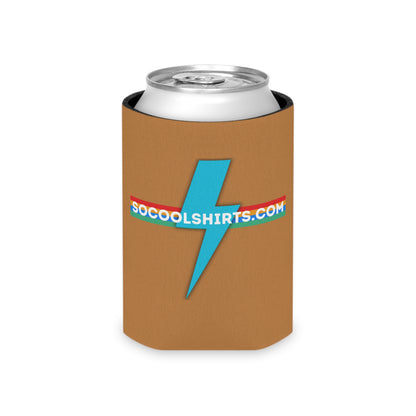 The SoCool Shirts - Koozie by Printify exudes a retro-inspired flair with its brown color and blue lightning bolt design. The website URL "SOCOOLSHIRTS.COM" stands out prominently across the middle and bottom, accentuated by yellow and red stripes.