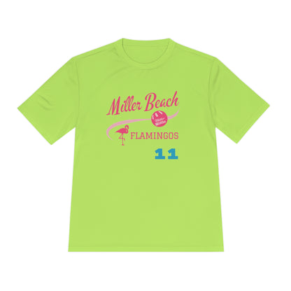 The Miller Beach Flamingos - Poncin 11 Unisex Moisture Wicking Tee by Printify features a beige shirt with "Miller Beach" in pink script, accompanied by a small illustration of a flamingo and volleyball. Below this design, the word "FLAMINGOS" is displayed in pink, with the number "11" appearing in blue near the bottom. Made from Sport-Tek PosiCharge Competitor Tee fabric, this custom moisture-wicking shirt ensures you stay cool and stylish.