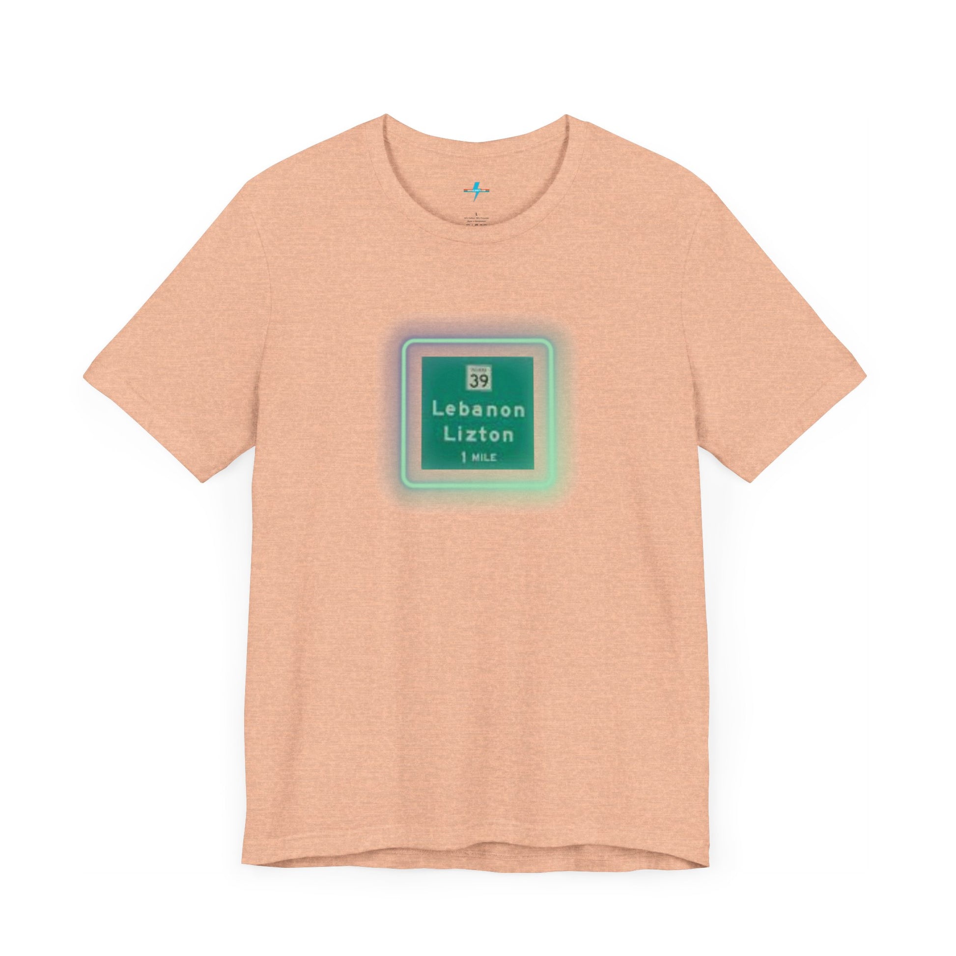 Introducing "The Lebanon Loop - Indiana" unisex jersey short sleeve tee by Printify. This green t-shirt features a graphic of a road sign displaying "39 Lebanon Lizton 1 MILE" within a slightly glowing square frame. It's crafted from 100% Airlume cotton and photographed flat on a white background.