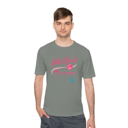 Introducing the "Miller Beach Flamingos - Jackson 01" Unisex Moisture Wicking Tee by Printify. This beige T-shirt showcases "Miller Beach" in a pink cursive font accompanied by a small pink flamingo illustration. Below, "FLAMINGOS" is displayed in bold pink capital letters, with a blue "01" on the bottom right corner. As part of the Sport-Tek PosiCharge Competitor collection, this lightweight shirt provides superior moisture-wicking performance.