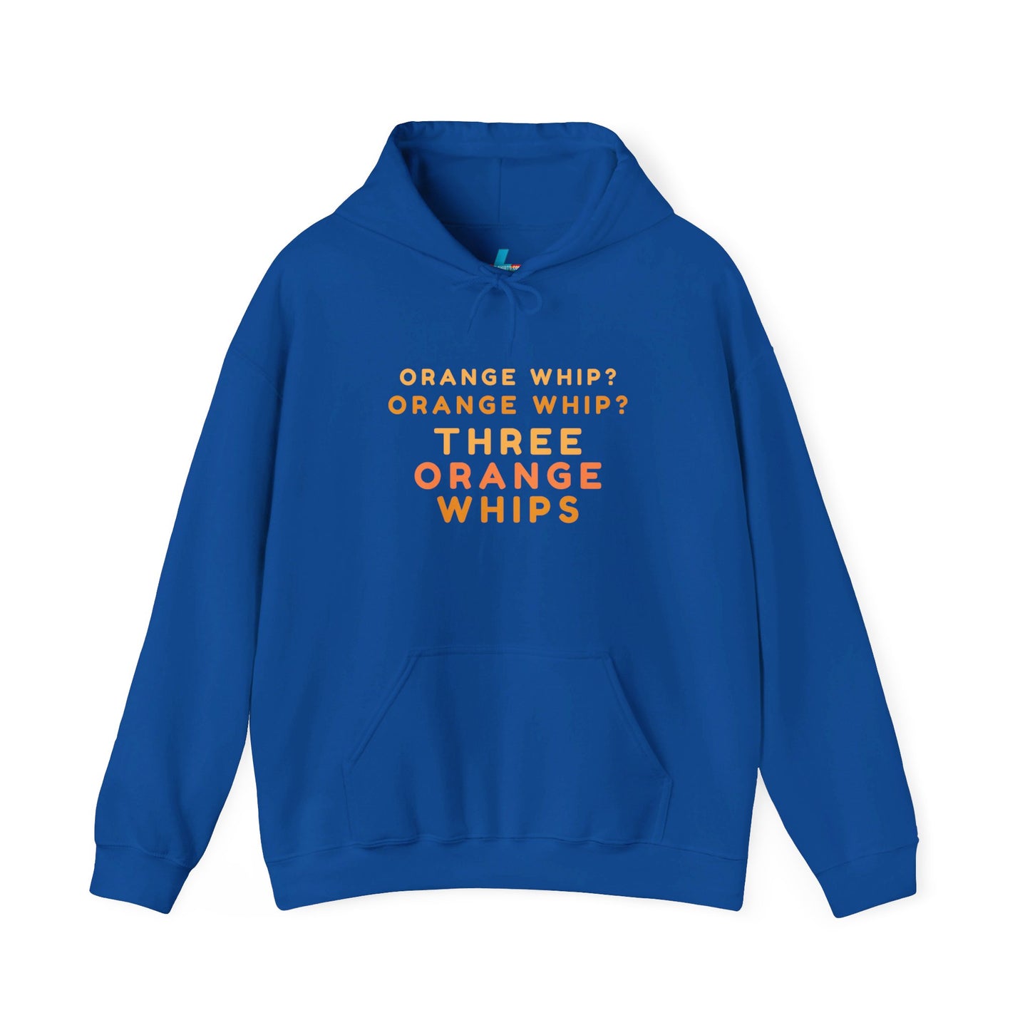 The Three Orange Whips - Blues Brothers - Unisex Heavy Blend™ Hoodie by Printify is designed in navy blue with the text "ORANGE WHIP? ORANGE WHIP? THREE ORANGE WHIPS" printed on the front in orange and yellow letters, inspired by *The Blues Brothers*. This hoodie features a front pocket and an adjustable drawstring hood.