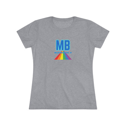 The Miller Beach Pride - Women's Triblend Tee by Printify is a dark gray, cozy t-shirt with a vintage look, featuring the text "MB" in large blue letters at the center. Below the letters, there is a rainbow-colored triangular design with "Millions & Binary, Inc." written in smaller text under the rainbow triangle.