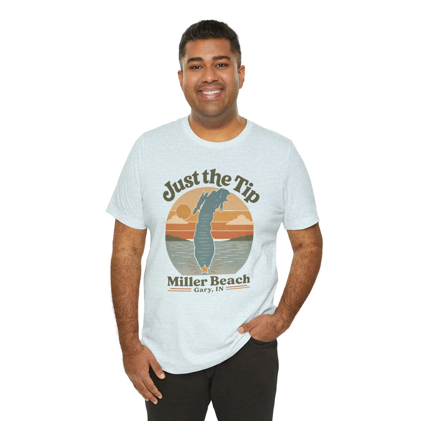 Just the Tip 2026 Design Miller Beach Tee  — Retro Lake Michigan Sunset T‑Shirt