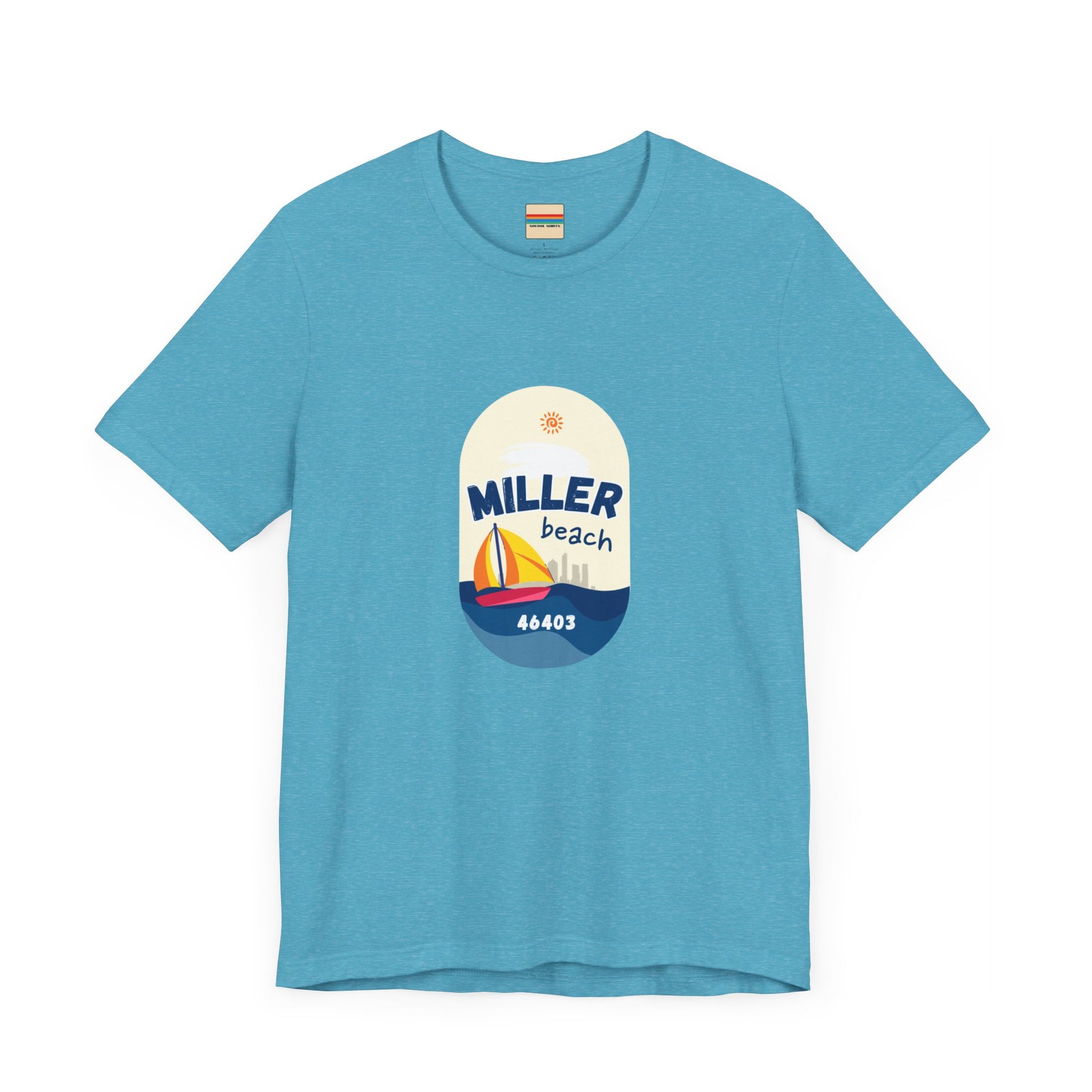 The Miller Beach Sailboat - Unisex Jersey Short Sleeve Tee by Printify features a vibrant graphic design portraying a sailboat on water with a sun above it and the text "MILLER beach 46403." This white retail fit shirt is crafted from soft Airlume combed cotton and showcases rounded graphics in blue, orange, and yellow.