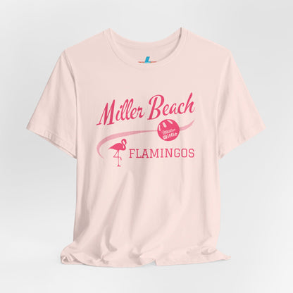 Printify offers the Miller Beach Flamingos WWBC - Unisex Jersey Short Sleeve Tee, featuring a light pink T-Shirt adorned with "Miller Beach Flamingos" and a volleyball graphic in pink. This design also includes an illustration of a flamingo, celebrating their participation in the World Wiffel Ball Championship. The shirt is showcased against a minimalist, white backdrop.