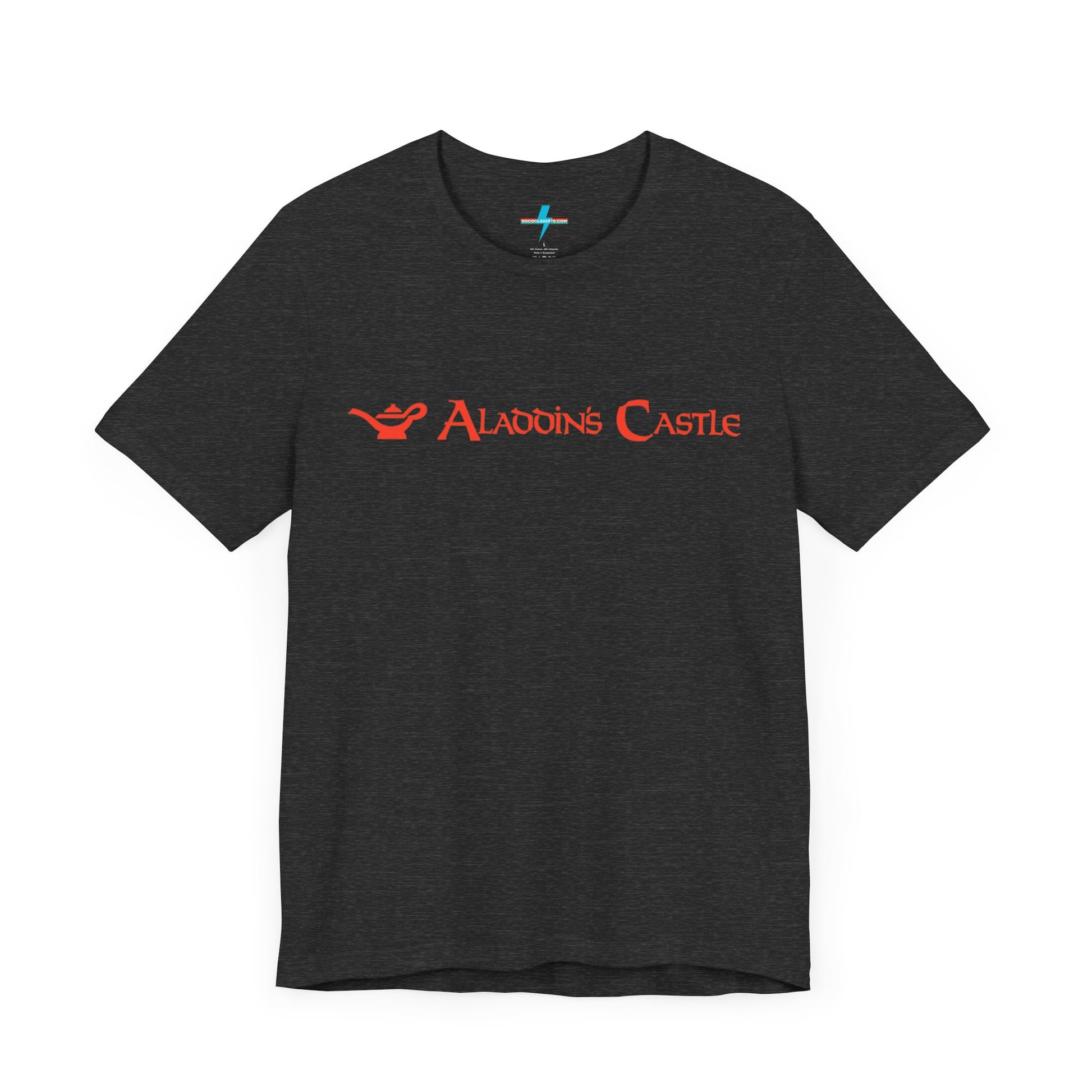 Introducing the Aladdin's Castle Arcade 1980s Unisex Jersey Short Sleeve Tee by Printify. This dark grey heather T-shirt features "ALADDIN'S CASTLE" emblazoned in bright red font across the chest, with a small silhouette of Aladdin's magic lamp to the left of the text. Perfect for fans of retro design or Aladdin’s Castle Arcade, and available exclusively from SoCool Shirts.