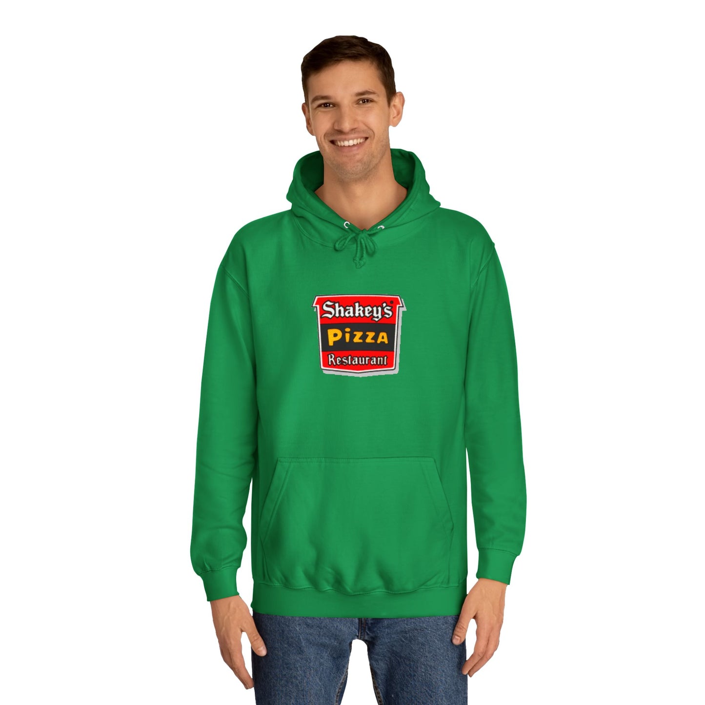 The Shakey's Pizza - 1980s Retro - Unisex Hoodie by Printify showcases a retro-style colorful logo on the front, highlighted with "Shakey's Pizza Restaurant" in bold white lettering against a striking red and black background, offering a vintage feel.