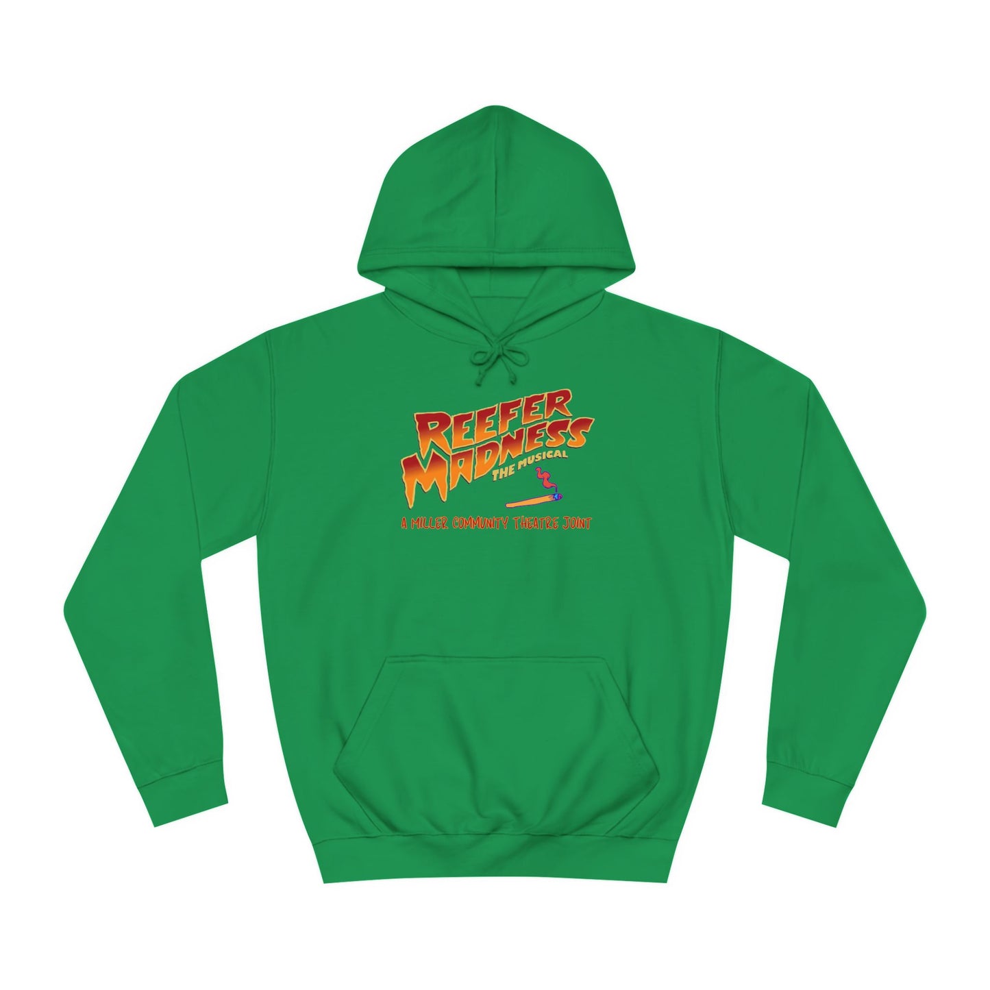 Introducing the "Reefer Madness - A Miller Community Theatre Joint" hoodie by Printify—a green hoodie with "Reefer Madness The Musical" displayed in bold, colorful font. Beneath it, the phrase "A very scary trip!" is featured. This hoodie is ideal for fans of the Miller Community Theatre production and comes with a front pocket and a drawstring hood.