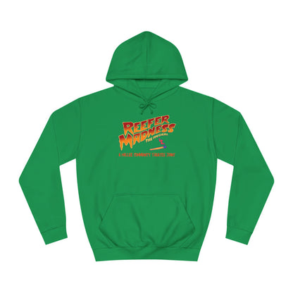 Introducing the "Reefer Madness - A Miller Community Theatre Joint" hoodie by Printify—a green hoodie with "Reefer Madness The Musical" displayed in bold, colorful font. Beneath it, the phrase "A very scary trip!" is featured. This hoodie is ideal for fans of the Miller Community Theatre production and comes with a front pocket and a drawstring hood.