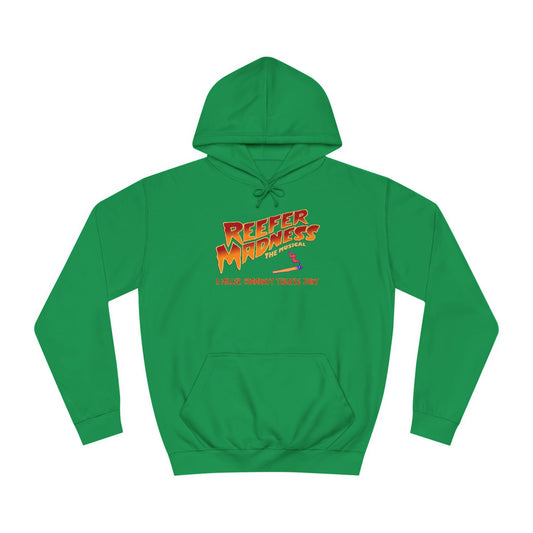 Introducing the "Reefer Madness - A Miller Community Theatre Joint" hoodie by Printify—a green hoodie with "Reefer Madness The Musical" displayed in bold, colorful font. Beneath it, the phrase "A very scary trip!" is featured. This hoodie is ideal for fans of the Miller Community Theatre production and comes with a front pocket and a drawstring hood.