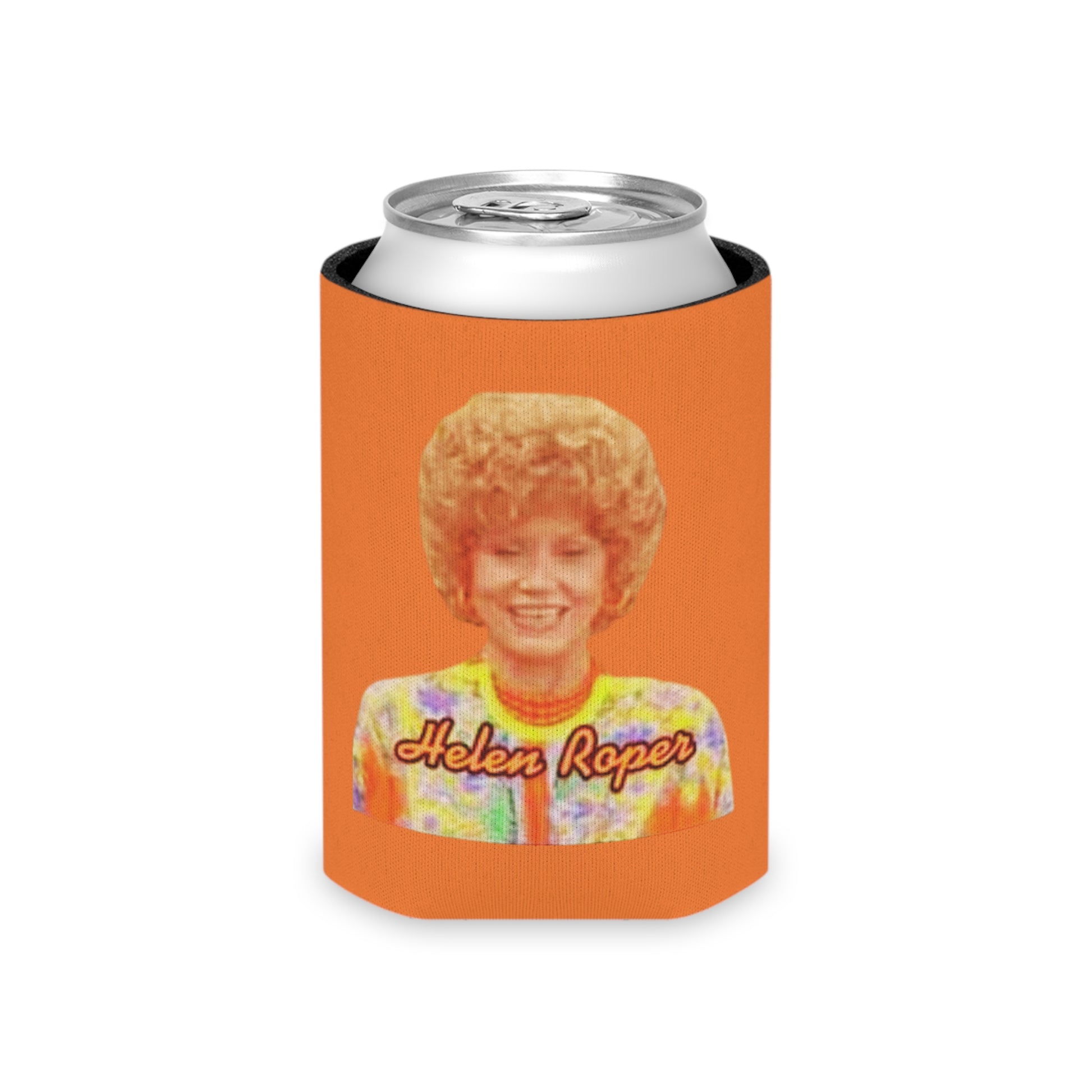 The Mrs. Roper - Three's Company - Koozie from Printify showcases a vibrant, retro-styled illustration of a woman with curly hair wearing a colorful patterned top. The name "Helen Roper" is prominently displayed on it. This can koozie exudes 1970s flair with its predominant orange color and features a small red and blue lightning bolt symbol at the bottom.