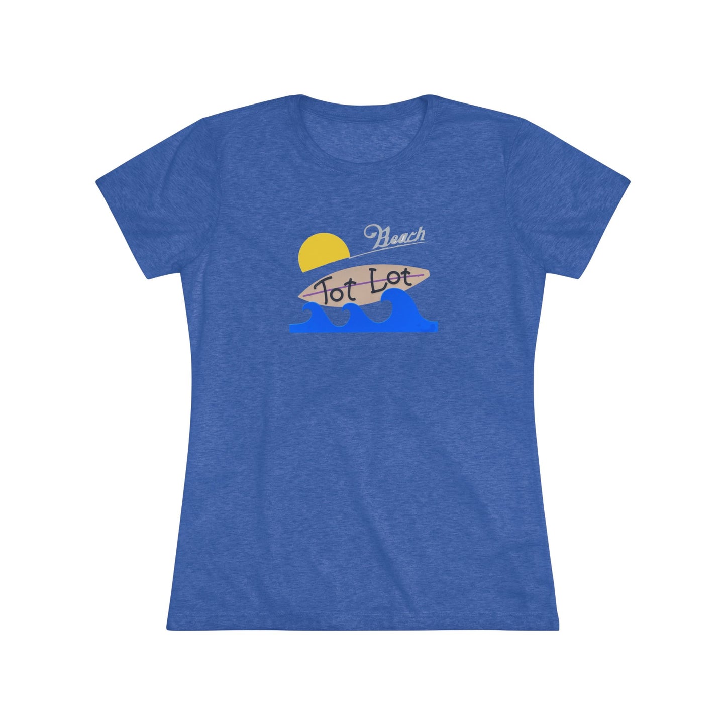 Introducing the Tot Lot Full Sign - Miller Beach - Women's Triblend Tee by Printify! This stylish gray t-shirt features a vintage-inspired design showcasing a setting sun, a surging blue wave, and the phrase "Miller Beach Tot Lot" in eye-catching stylized fonts. Perfect for any casual outing, this beach-themed top exudes a playful and trendy vibe.