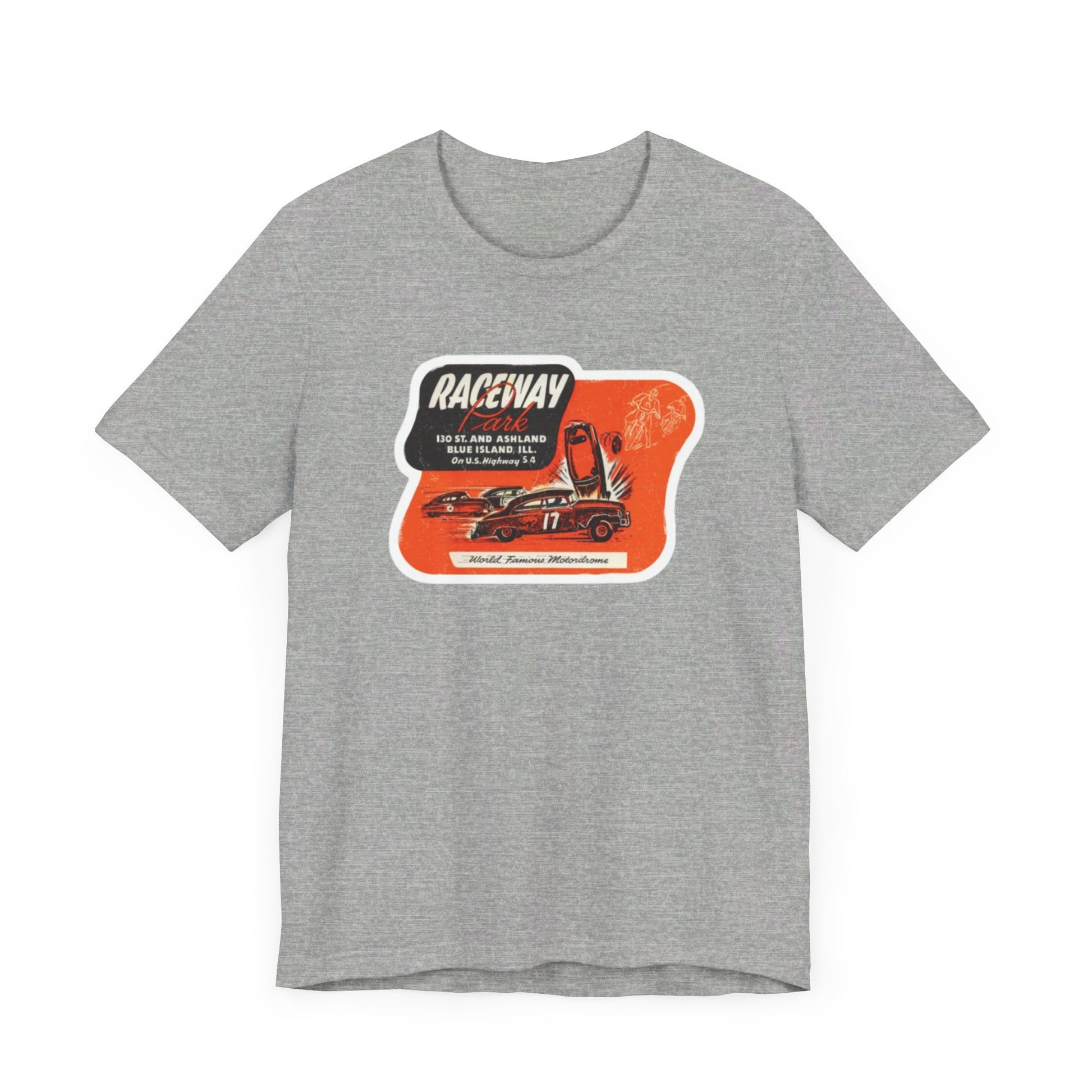 The 1970's Raceway Park - Blue Island, IL - Unisex Jersey Short Sleeve Tee by Printify is a light gray T-shirt featuring a graphic with a red background, an illustration of a race car labeled "17," and text reading "RACEWAY" and "As Seen On." The vintage-inspired design offers a nostalgic nod to classic car enthusiasts, reminiscent of the '70s racing era. The shirt is displayed against a plain background.