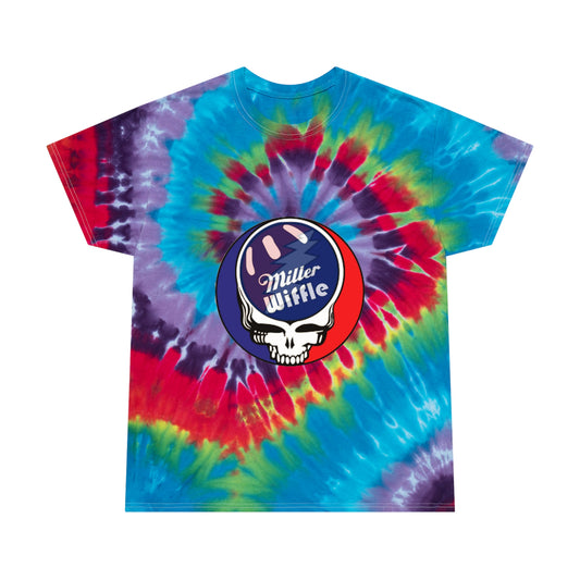 The Miller Wiffel Ball Stealy Tie-Dye Tee by Printify is a unisex t-shirt that showcases a vibrant, classic spiral pattern in blue, green, yellow, red, and purple. Made from 100% pre-shrunk cotton for an ideal fit, it features a central circular logo with a wiffle ball and bat, alongside a skull and the text "Miller Wiffle.