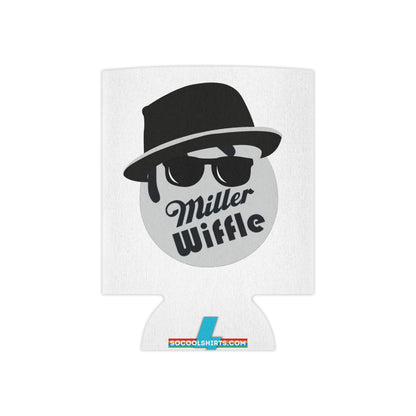 Image of the Printify Miller Wiffle Ball - Blues Brothers Koozie Can Cooler, showcasing a white can koozie with a stylized illustration of a circular face wearing a black fedora and sunglasses, reminiscent of the Blues Brothers, alongside the text "Miller Wiffle." The bottom of the cooler features "SOCOOLSHIRTS.COM" in blue and red.