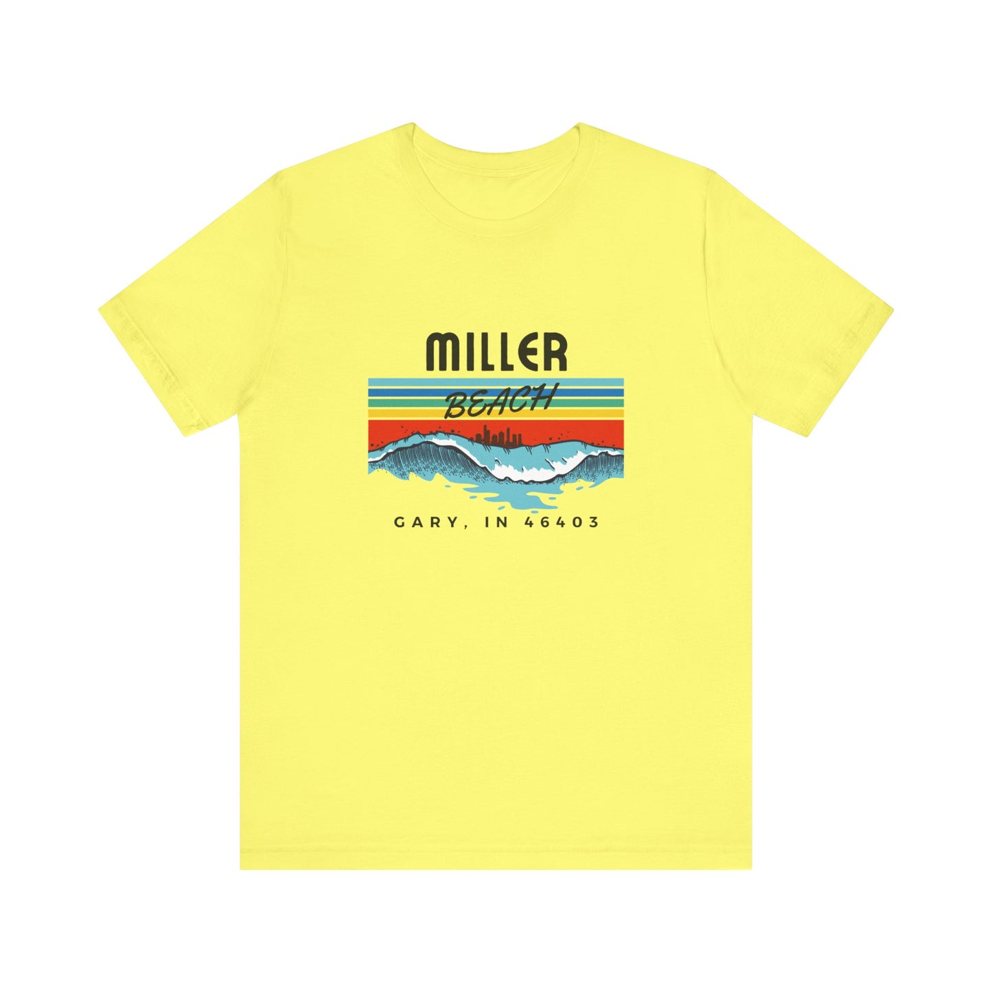 The Miller Beach 46403 Surf Style - Unisex Jersey Short Sleeve Tee by Printify features a retro surf-inspired design on a yellow background. The shirt displays "MILLER BEACH" above waves with a skyline illustration, while "Cary, IN 46403" is printed below the waves. The vibrant design also includes colorful stripes in shades of blue, red, and orange.