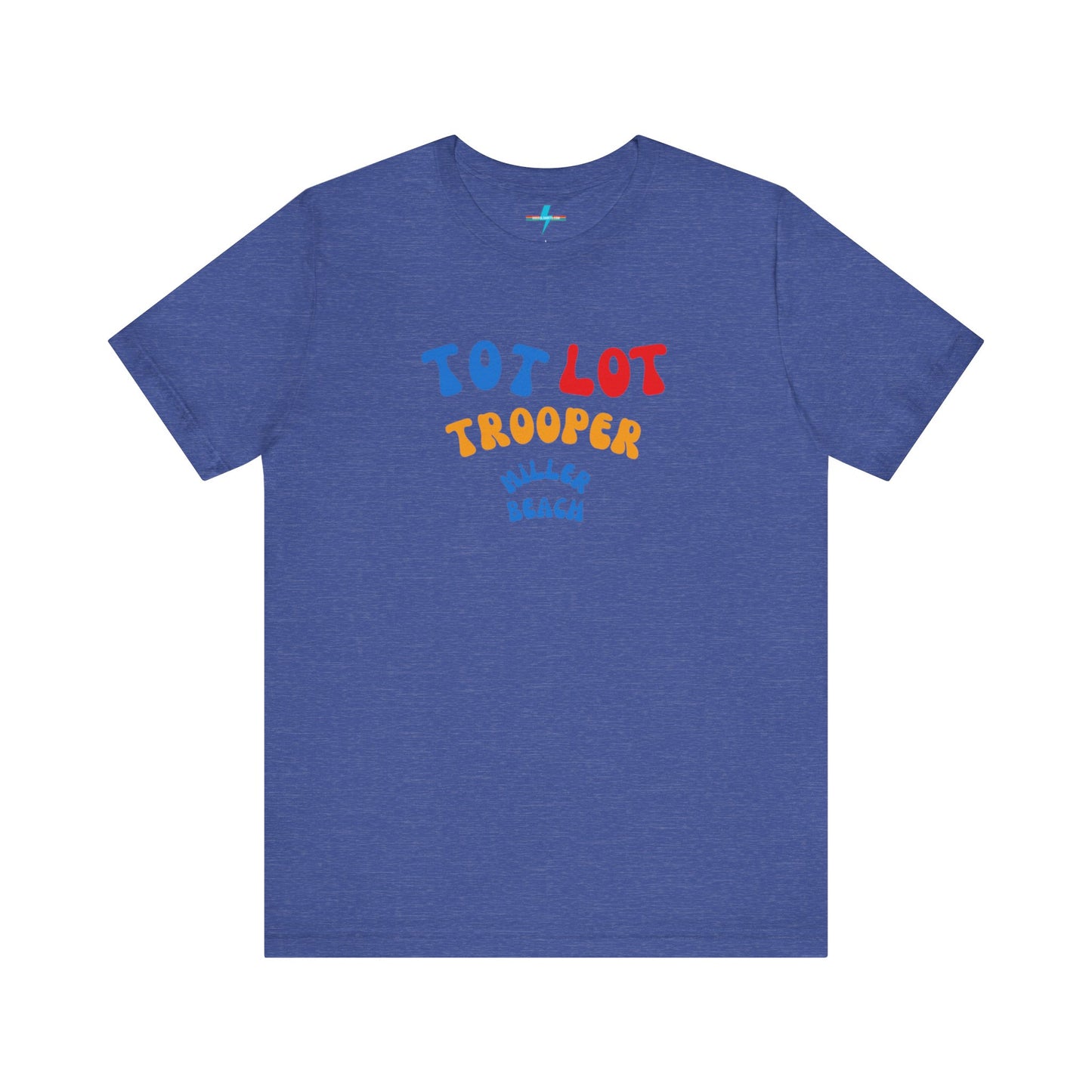 A green unisex jersey short sleeve tee from Printify, featuring colorful text on the front that reads "TOT LOT TROOPER MILLER BEACH" in blue, red, yellow, and orange letters. The shirt is displayed against a plain white background.