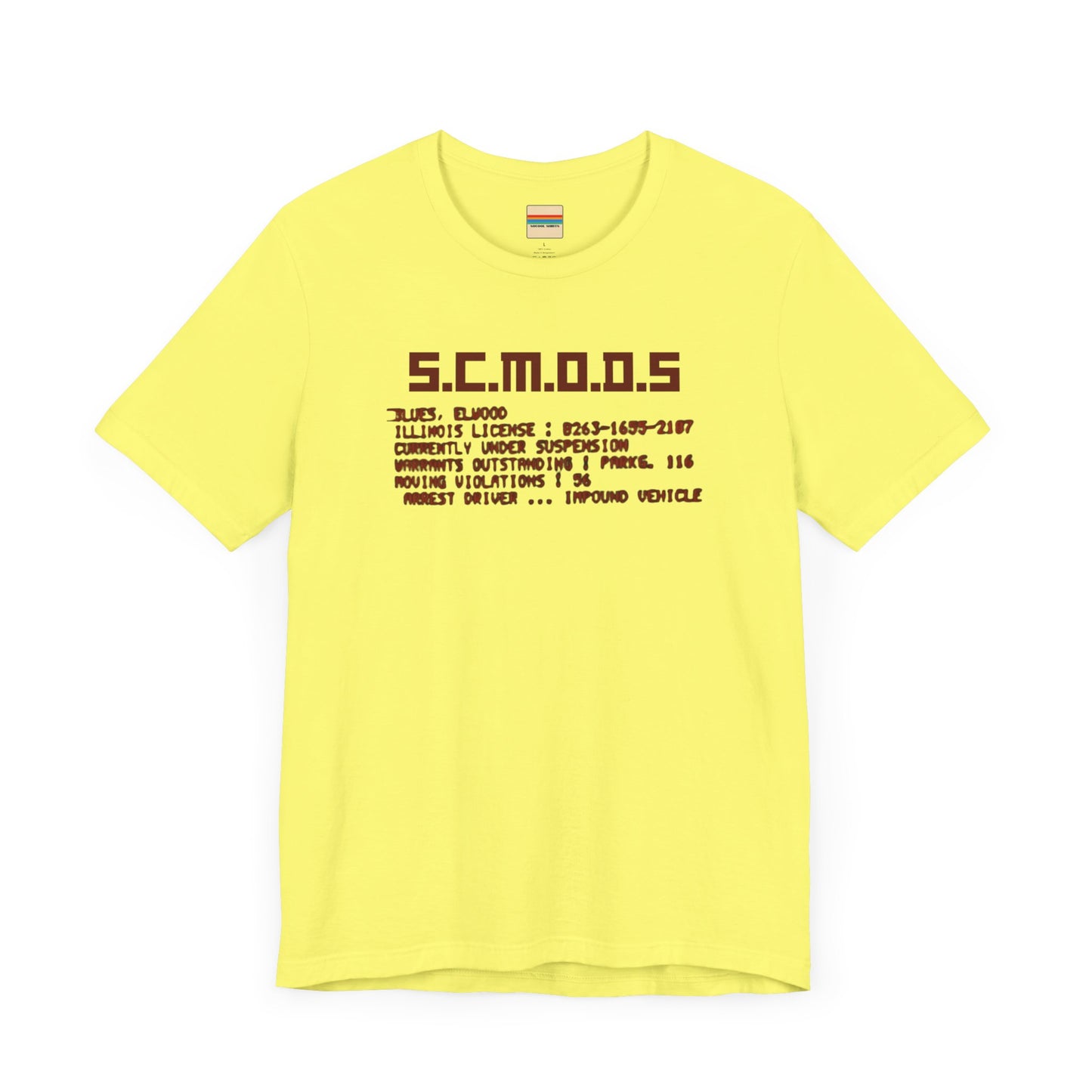 Two yellow "S.C.M.O.D.S. Blues Brother's - Unisex Jersey Short Sleeve Tee" shirts from Printify, featuring "S.C.M.O.D.S" in bold, stylized letters along with smaller text detailing terms like "Illinois," "license," and "impound vehicle." Perfect for fans of The Blues Brothers and Jake and Elwood Blues, the T-shirts are neatly folded and stacked.