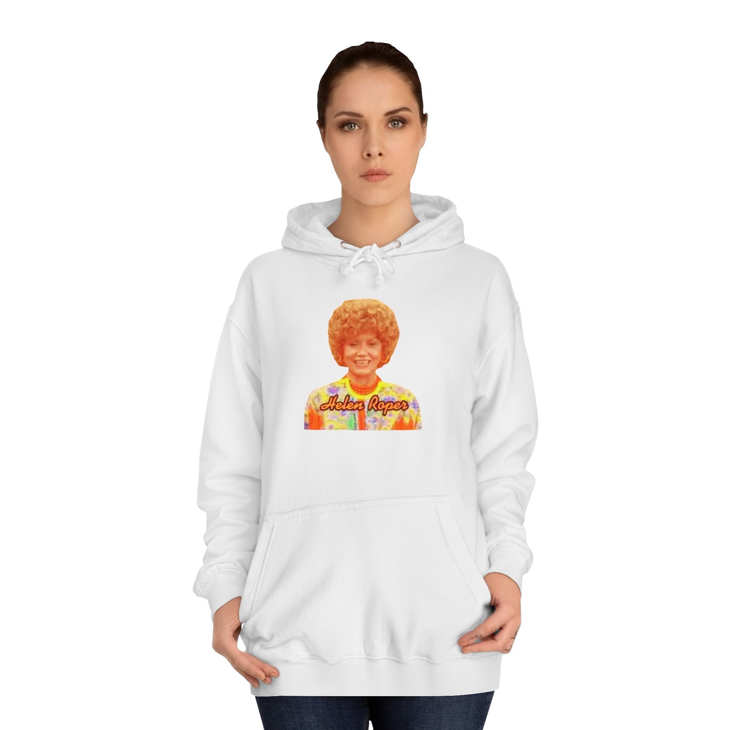 This Helen Roper - Three's Company unisex hoodie by Printify features a lively graphic of a woman with curly hair in a vibrant, patterned outfit. The elegantly scripted text "Mother Rogers" beneath her adds a vintage fashion flair to any wardrobe.