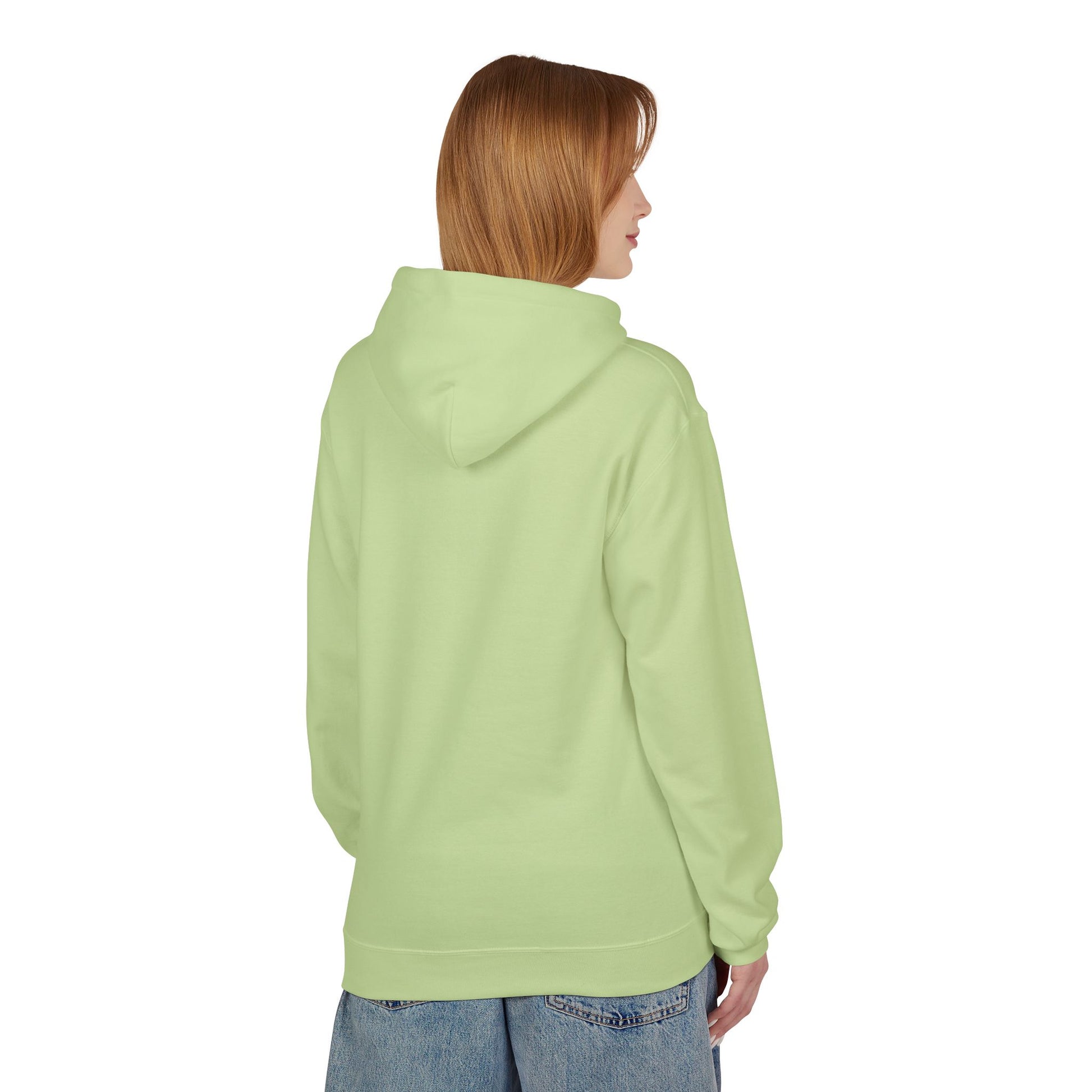 This olive green hoodie from Printify, inspired by the Pinto Lounge - Tinley Park, IL 1980s Softstyle Fleece Hoodie, features a white abstract design with a cat illustration and "NOIR" on the front. Made sustainably, it boasts a front pocket and drawstring hood for stylish comfort.