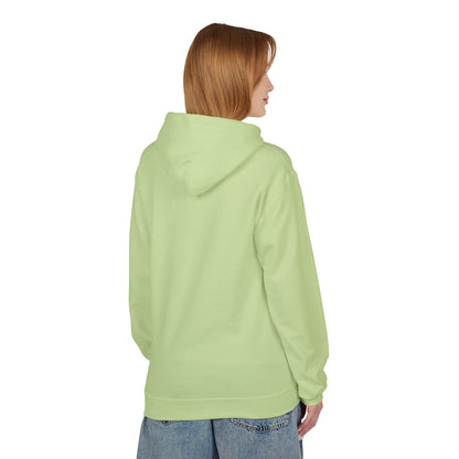 This olive green hoodie from Printify, inspired by the Pinto Lounge - Tinley Park, IL 1980s Softstyle Fleece Hoodie, features a white abstract design with a cat illustration and "NOIR" on the front. Made sustainably, it boasts a front pocket and drawstring hood for stylish comfort.