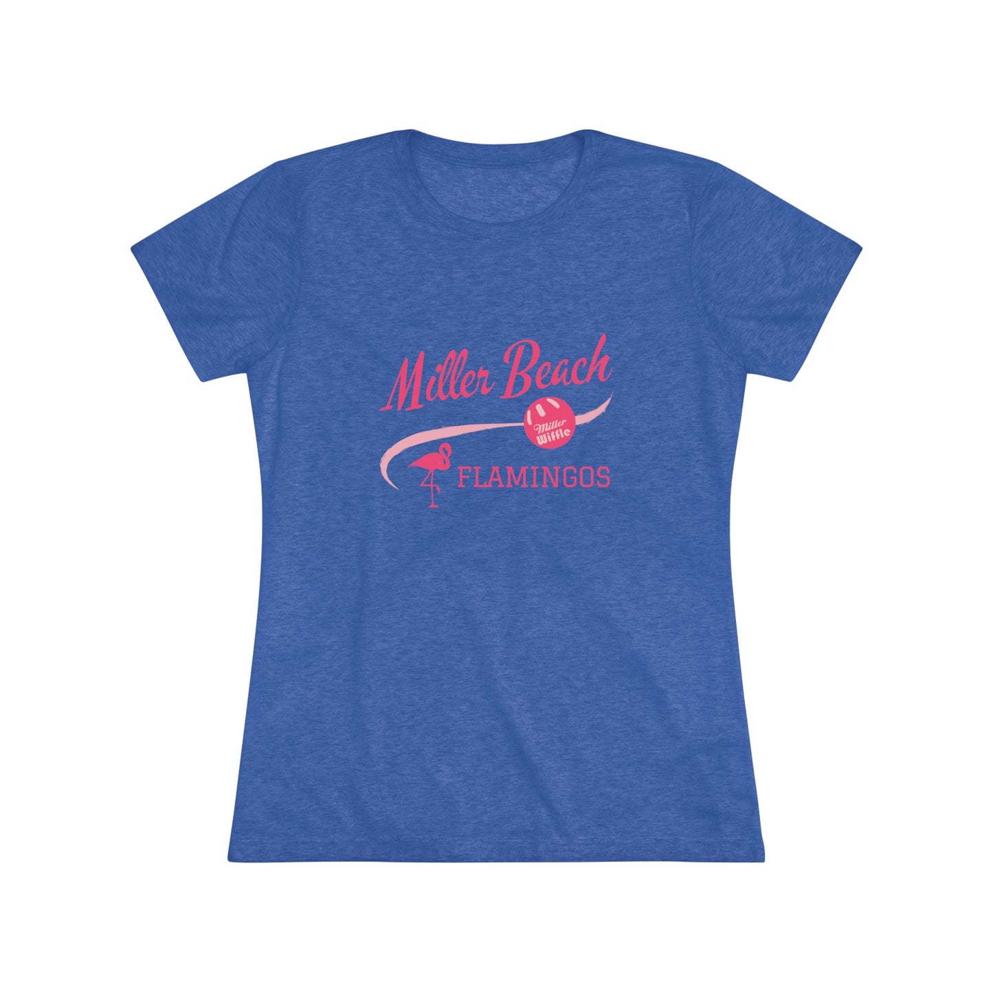 The Printify Miller Beach Wiffel Ball - Flamingos Women's Triblend Tee is a dark gray shirt featuring the text "Miller Beach Flamingos" in pink. The design showcases a flamingo standing on one foot beside a beach volleyball, exuding a fun and relaxed beach atmosphere. This limited edition tee is ideal for celebrating the World Championship of Wiff Ball.