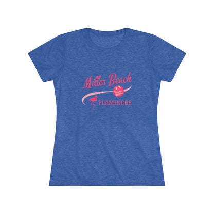 The Printify Miller Beach Wiffel Ball - Flamingos Women's Triblend Tee is a dark gray shirt featuring the text "Miller Beach Flamingos" in pink. The design showcases a flamingo standing on one foot beside a beach volleyball, exuding a fun and relaxed beach atmosphere. This limited edition tee is ideal for celebrating the World Championship of Wiff Ball.