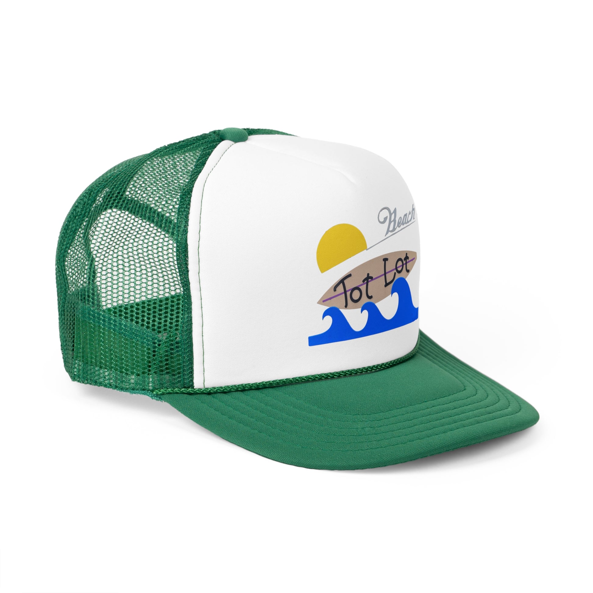 A vibrant hat, this green and white Trucker Cap from Printify is the perfect beach days accessory. Featuring a yellow sun, a brown surfboard with "Tot Lot" written on it, blue ocean waves, and "Beach" in gray cursive, it's your go-to Miller Beach Tot Lot Sign – Trucker Cap.