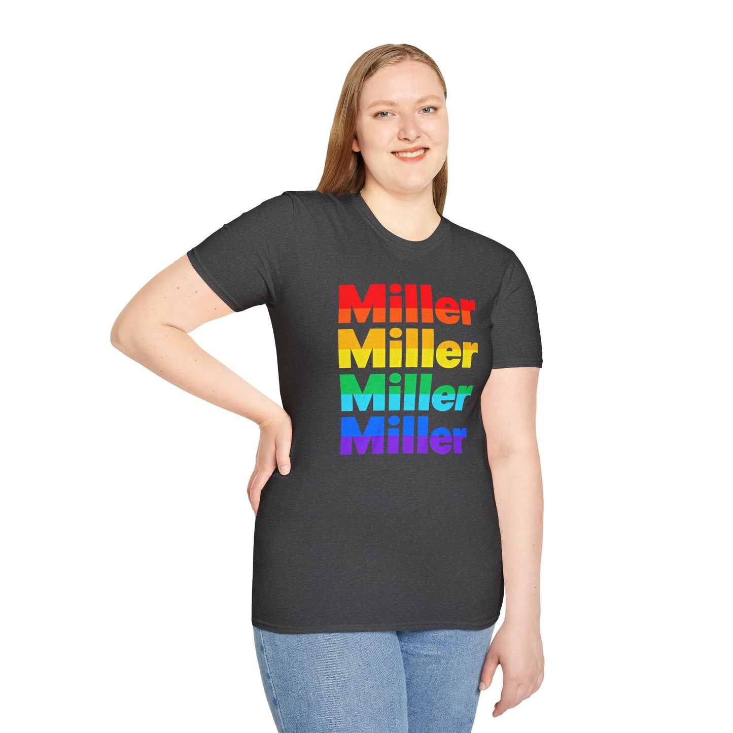 Miller Beach Rainbow Retro Tee — Vintage Stack Name Pride T-Shirt