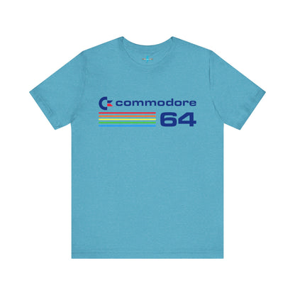 The 1980s Commodore 64 Computer C64 Unisex Jersey Short Sleeve Tee from Printify features a green T-shirt adorned with a vintage design showcasing the text "Commodore 64" and multicolored horizontal lines next to it. The word "Commodore" is emblazoned in blue alongside the Commodore logo, while the number "64" is also highlighted in blue on the right. Ideal for any retro tech enthusiast, this shirt is displayed against a white background.