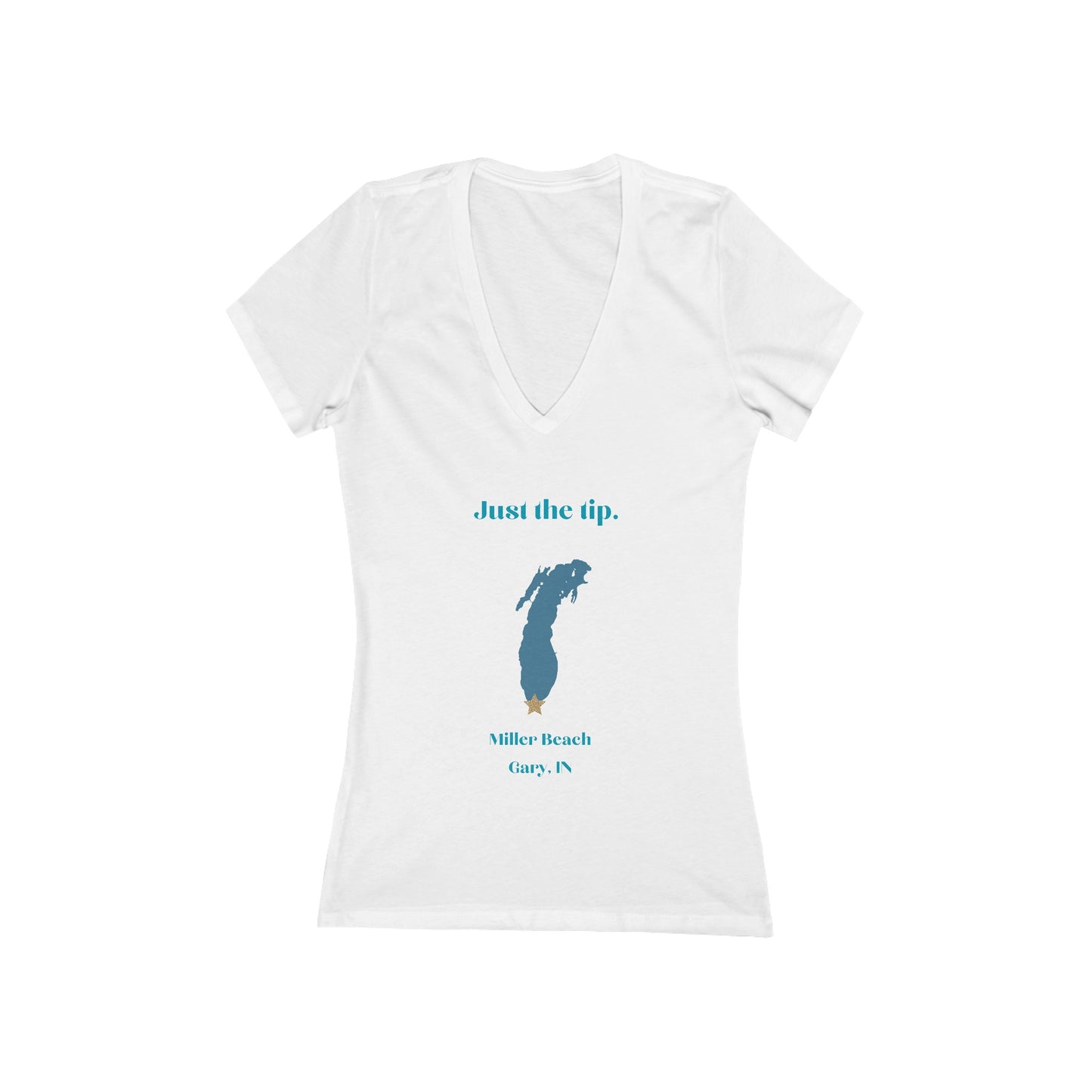 The Just the Tip - Miller Beach women's jersey short sleeve deep V-neck tee by Printify is a modern, feminine fit gray T-shirt. It features blue text reading "Just the tip." above a blue silhouette of the state of Michigan, with "Miller Beach Gary, IN." below it. This custom women's T-shirt offers both style and comfort.