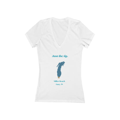 The Just the Tip - Miller Beach women's jersey short sleeve deep V-neck tee by Printify is a modern, feminine fit gray T-shirt. It features blue text reading "Just the tip." above a blue silhouette of the state of Michigan, with "Miller Beach Gary, IN." below it. This custom women's T-shirt offers both style and comfort.