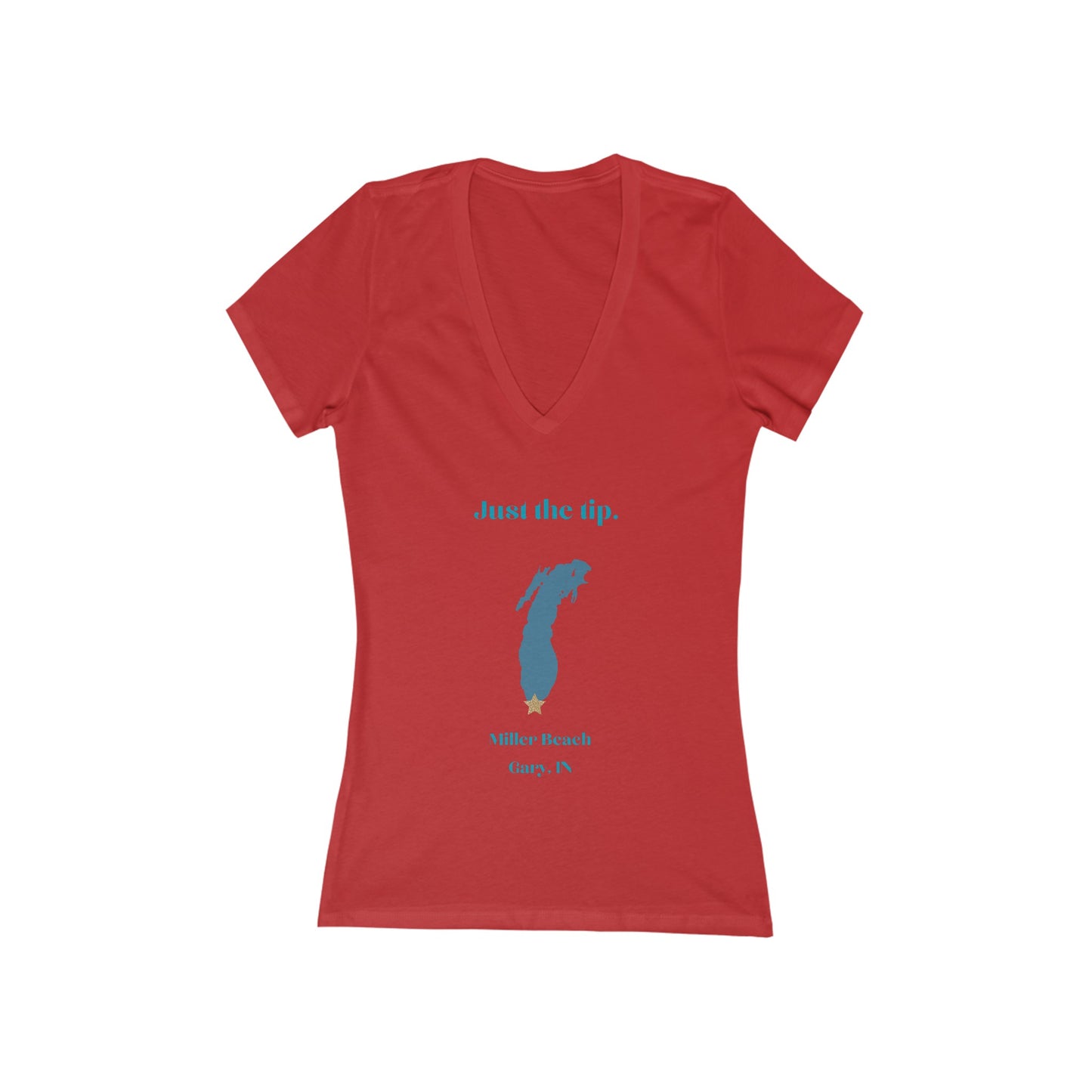 The Just the Tip - Miller Beach women's jersey short sleeve deep V-neck tee by Printify is a modern, feminine fit gray T-shirt. It features blue text reading "Just the tip." above a blue silhouette of the state of Michigan, with "Miller Beach Gary, IN." below it. This custom women's T-shirt offers both style and comfort.