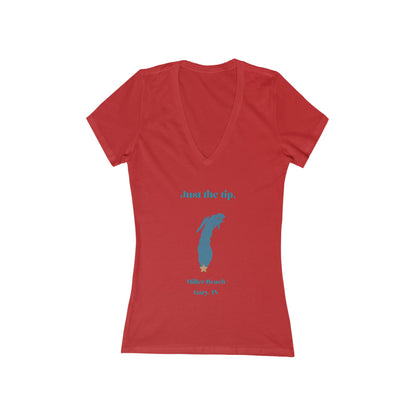 The Just the Tip - Miller Beach women's jersey short sleeve deep V-neck tee by Printify is a modern, feminine fit gray T-shirt. It features blue text reading "Just the tip." above a blue silhouette of the state of Michigan, with "Miller Beach Gary, IN." below it. This custom women's T-shirt offers both style and comfort.